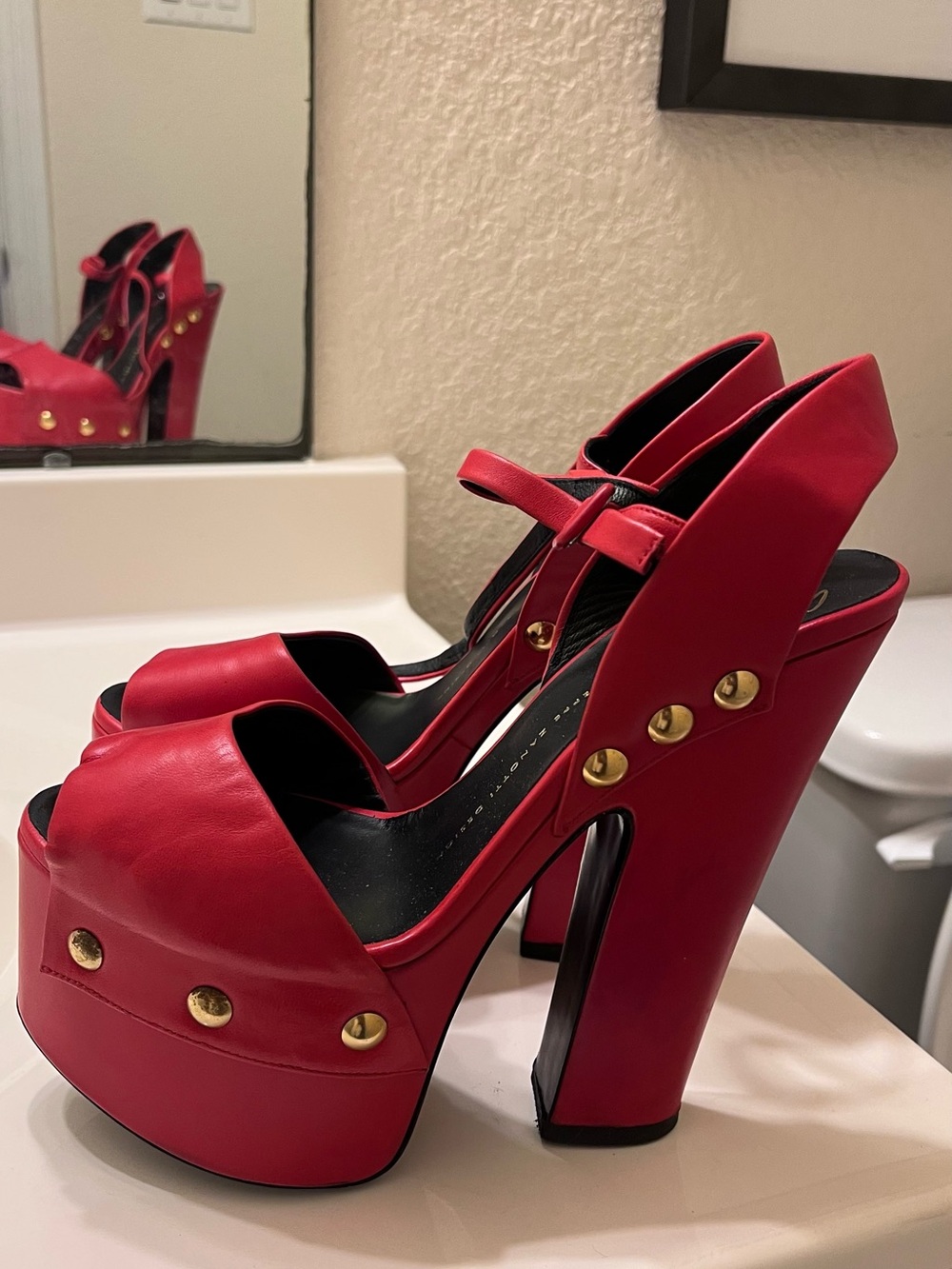 Vintage Guiseppe Zanotti Red Platform High-Heels with Gold Studs